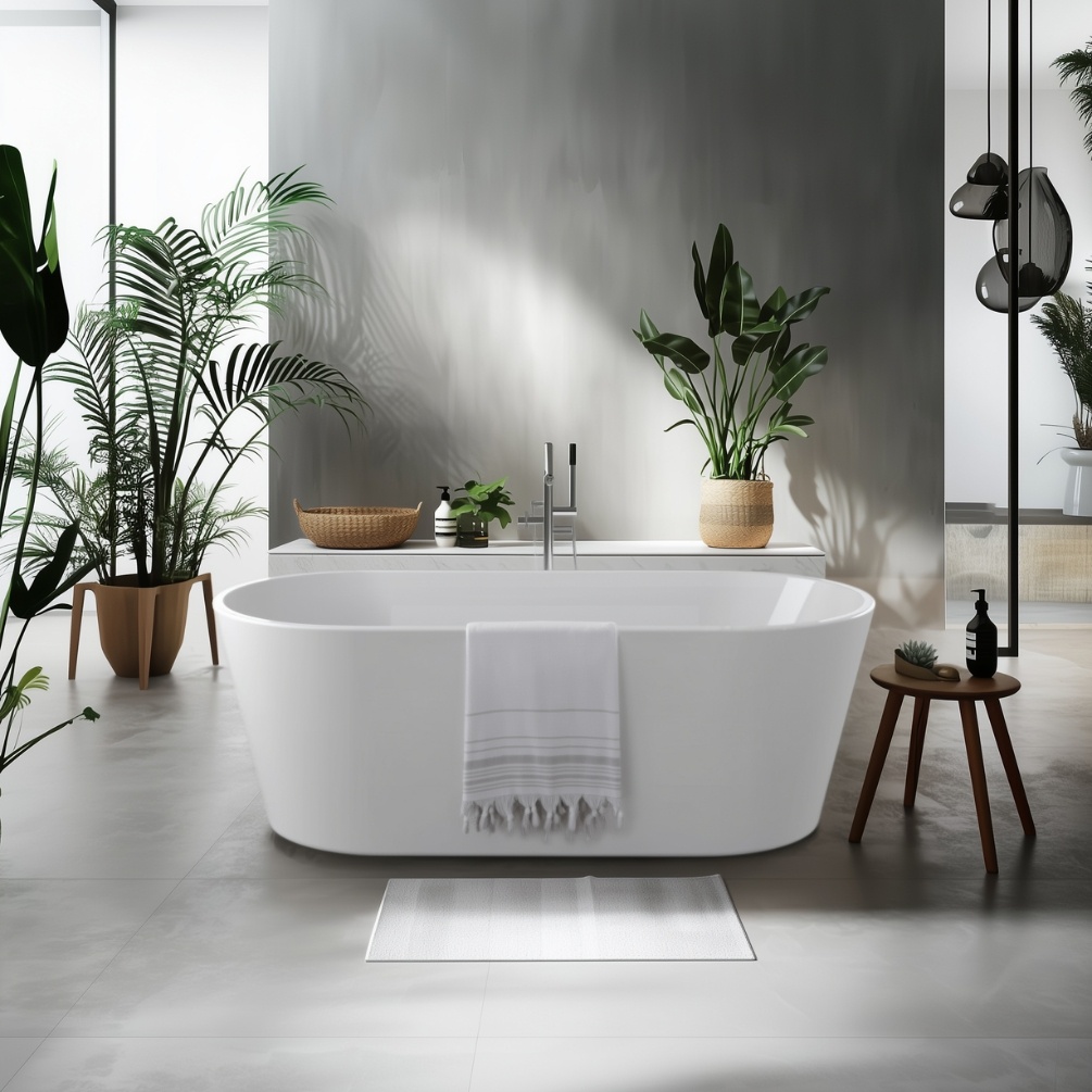 product lifestyle image of sanctuary fernie gloss white 1500mm x 750mm double ended freestanding bath sb203-1500